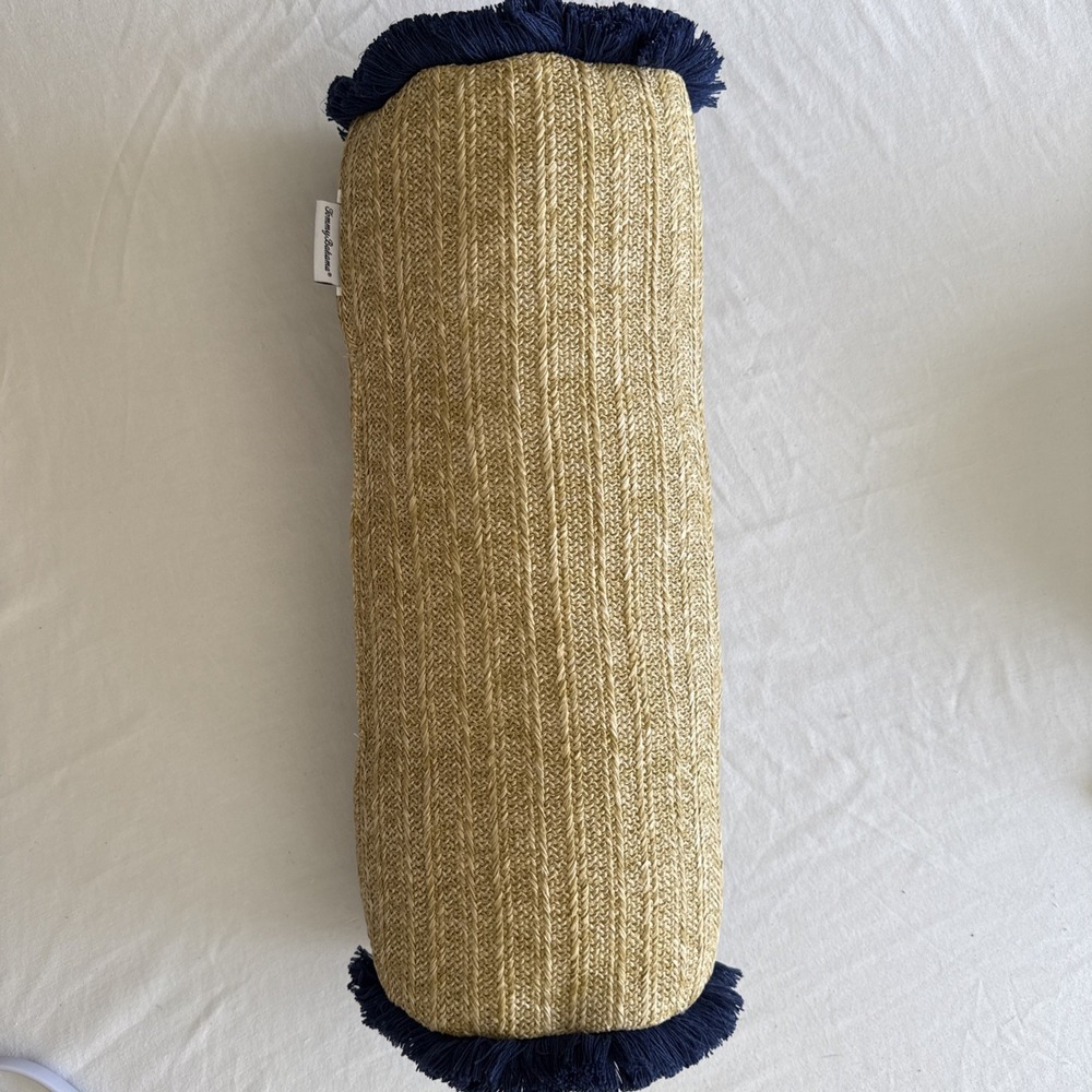 Tommy Bahama Straw Bolster Pillow 20x8.5 Tropical Navy Fringe Tan Decorative